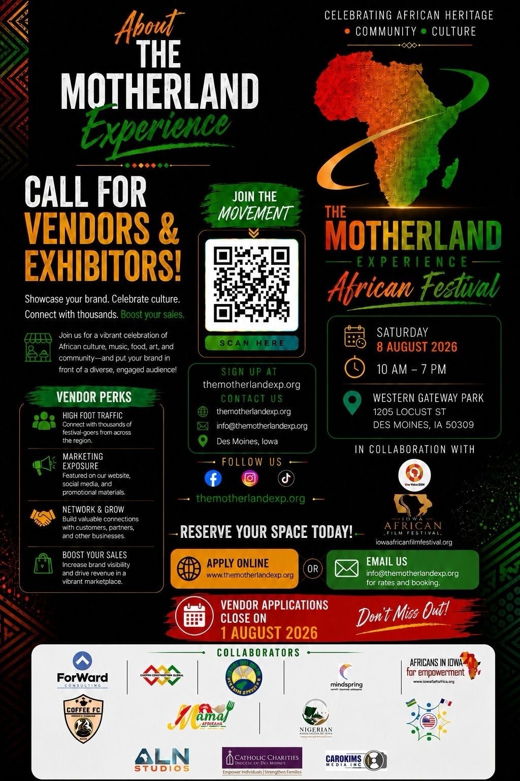 The Motherland Experience Festival Flyer — Saturday August 8, 2026, Western Gateway Park, Des Moines IA